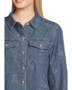 Tommy Bahama Flora Embroidered Denim Long Sleeve Shirt Dark Medium Wash Outlet