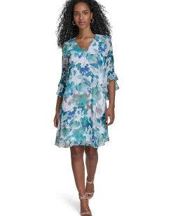 Calvin Klein Floral Chiffon Shift Dress Lake Multi Sale