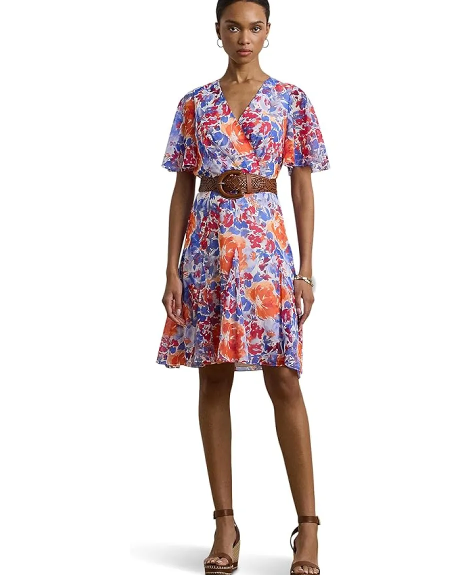 Women Lauren Ralph Lauren Floral Crinkle Georgette Surplice Dress