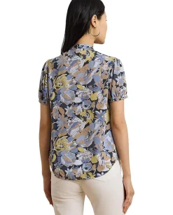 Lauren Ralph Lauren Floral Georgette Puff Sleeve Shirt Blue Multi Discount