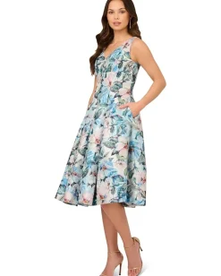 Adrianna Papell Floral Jacquard Midi Dress Blue Multi New