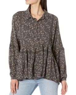 Lucky Brand Floral Popover Blouse Black Multi