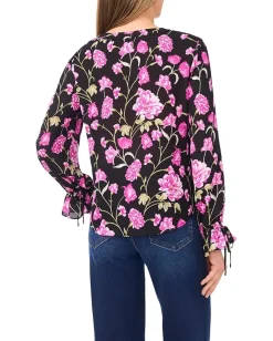 CeCe Floral Printed Button Front Long Sleeve Top Rich Black Sale