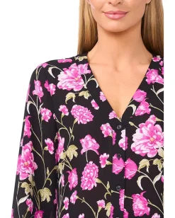 CeCe Floral Printed Button Front Long Sleeve Top Rich Black Sale