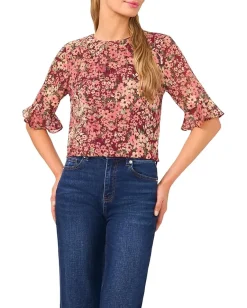 Women CeCe Floral Ruffle Cuff Crew Neck Top