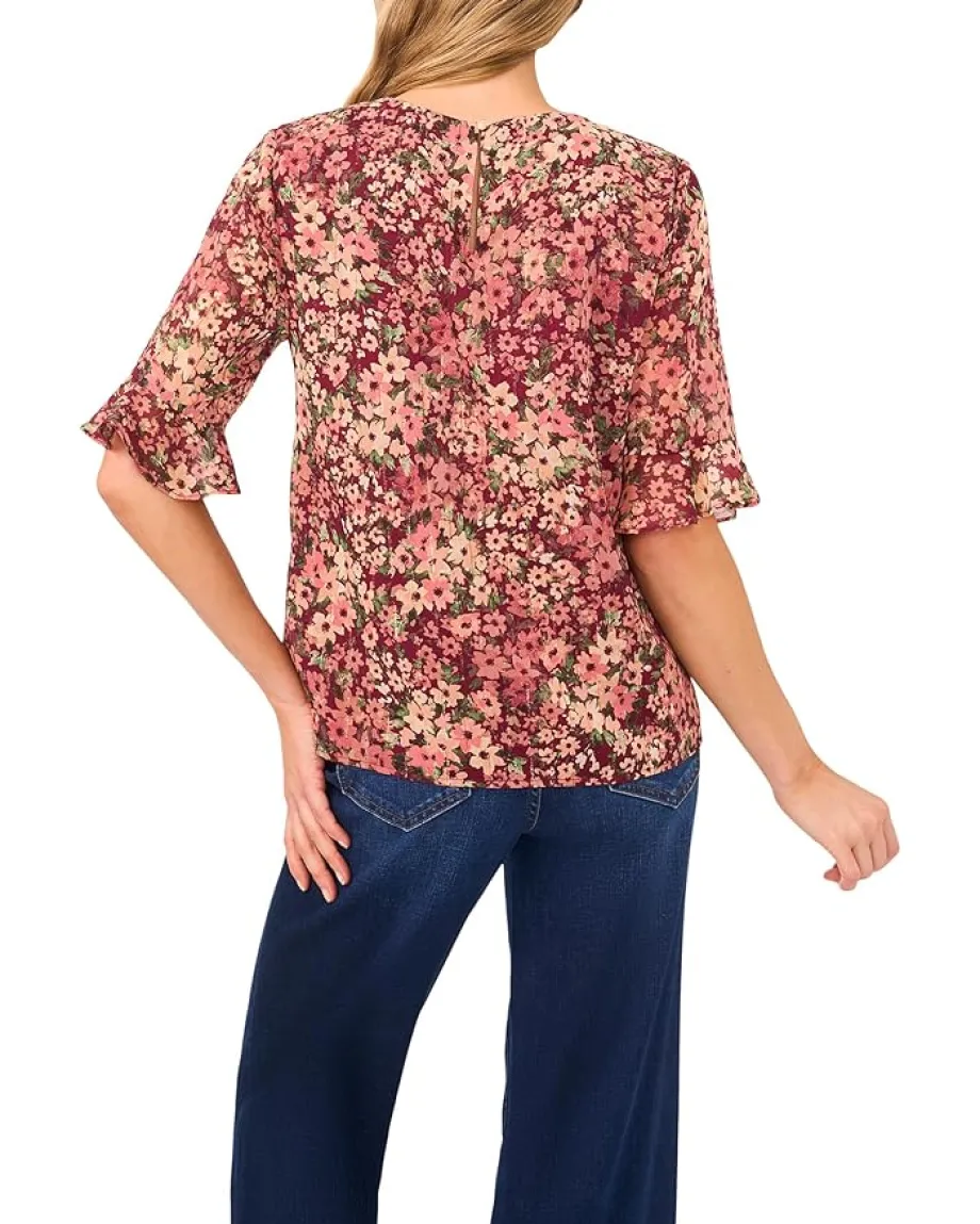 Women CeCe Floral Ruffle Cuff Crew Neck Top