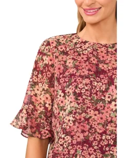 Women CeCe Floral Ruffle Cuff Crew Neck Top