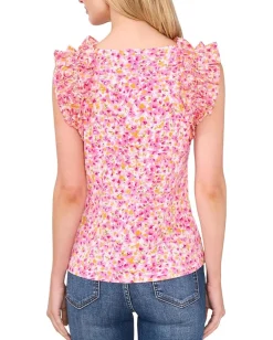 CeCe Floral Ruffle Rib Tank New Ivory New