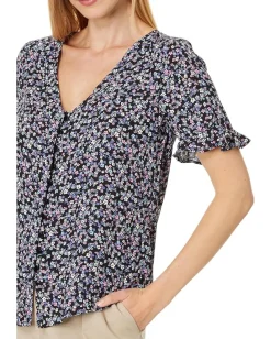 CeCe Floral Ruffled Sleeve Button-Up Blouse Rich Black Online