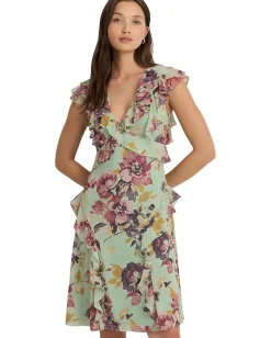 Lauren Ralph Lauren Floral Ruffle-Trim Georgette Dress Light Green Multi Best