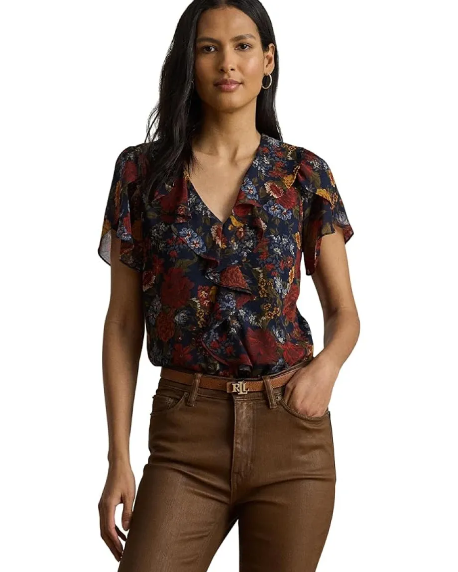 Women Lauren Ralph Lauren Floral Ruffle-Trim Georgette Blouse