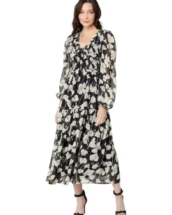 MOON RIVER Floral Smocked V-Neck Midi Dress Black Multi New