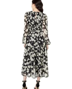 MOON RIVER Floral Smocked V-Neck Midi Dress Black Multi New