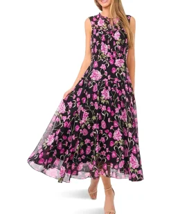 Women CeCe Floral Tie Neck Shirred Midi Dress