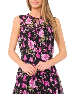 Women CeCe Floral Tie Neck Shirred Midi Dress