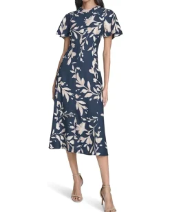Calvin Klein Flutter Sleeve Floral Midi Indigo Cashew Outlet