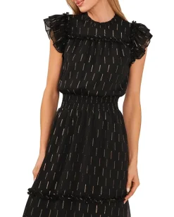 CeCe Flutter Sleeve Smocked Waist Midi Dress Rich Black Clearance