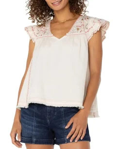 Women Liverpool Los Angeles Flutter Sleeve V-neck Woven Blouse With Embroidery