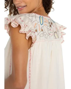 Women Liverpool Los Angeles Flutter Sleeve V-neck Woven Blouse With Embroidery