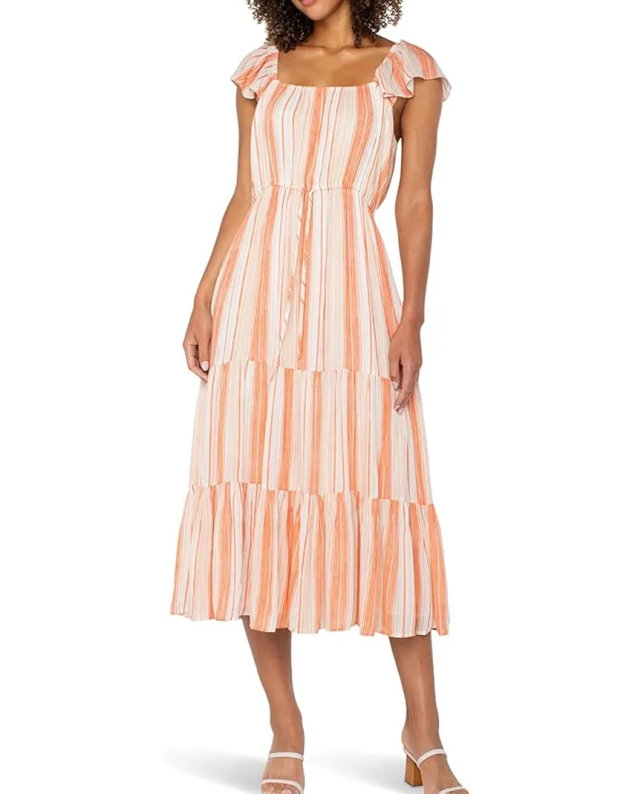 Liverpool Los Angeles Flutter Sleeve Woven Maxi Dress With Cinched Waist Orange Tan Stripe Best