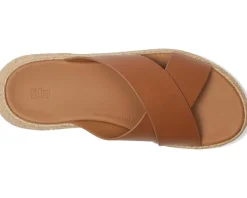 FitFlop F-Mode Espadrille Leather Flatform Cross Slides Deep Tan Hot