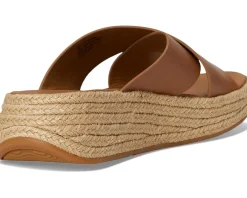 FitFlop F-Mode Espadrille Leather Flatform Cross Slides Deep Tan Hot