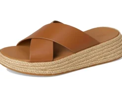 FitFlop F-Mode Espadrille Leather Flatform Cross Slides Deep Tan Hot