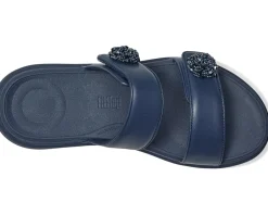 FitFlop F-Mode Go Beadie-Button Adj. Flatform 2-Bar Slides Midnight Navy New