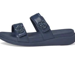 FitFlop F-Mode Go Beadie-Button Adj. Flatform 2-Bar Slides Midnight Navy New