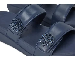 FitFlop F-Mode Go Beadie-Button Adj. Flatform 2-Bar Slides Midnight Navy New