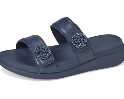 FitFlop F-Mode Go Beadie-Button Adj. Flatform 2-Bar Slides Midnight Navy New