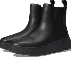 FitFlop F-Mode Leather Flatform Chelsea Boots All Black Clearance