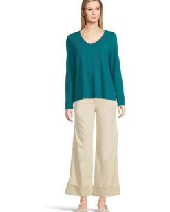 Elliott Lauren Garment Dye Tees - Long Sleeve V-Neck Knit Top Teal