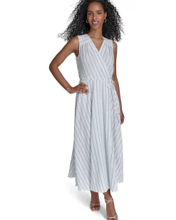 Calvin Klein Gauze Striped Faux Wrap Blue Multi Outlet