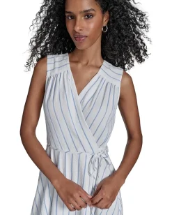 Calvin Klein Gauze Striped Faux Wrap Blue Multi Outlet