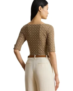 Lauren Ralph Lauren Geo-Print Stretch Cotton Boatneck Tee Taupe Multi Outlet