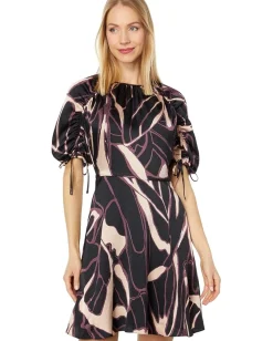 Ted Baker Gilliaa Printed Mini Fit-and-Flare with Puff Sleeve Black Hot