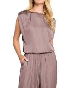 NIC+ZOE Glossy Sheen Ruched Shoulder Woven Top Cocoa New