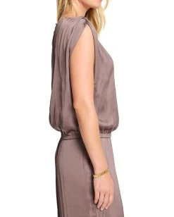 NIC+ZOE Glossy Sheen Ruched Shoulder Woven Top Cocoa New