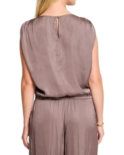 NIC+ZOE Glossy Sheen Ruched Shoulder Woven Top Cocoa New