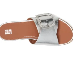FitFlop Gracie Crystal Maxi-Buckle Metallic-Leather Slides Silver Sale