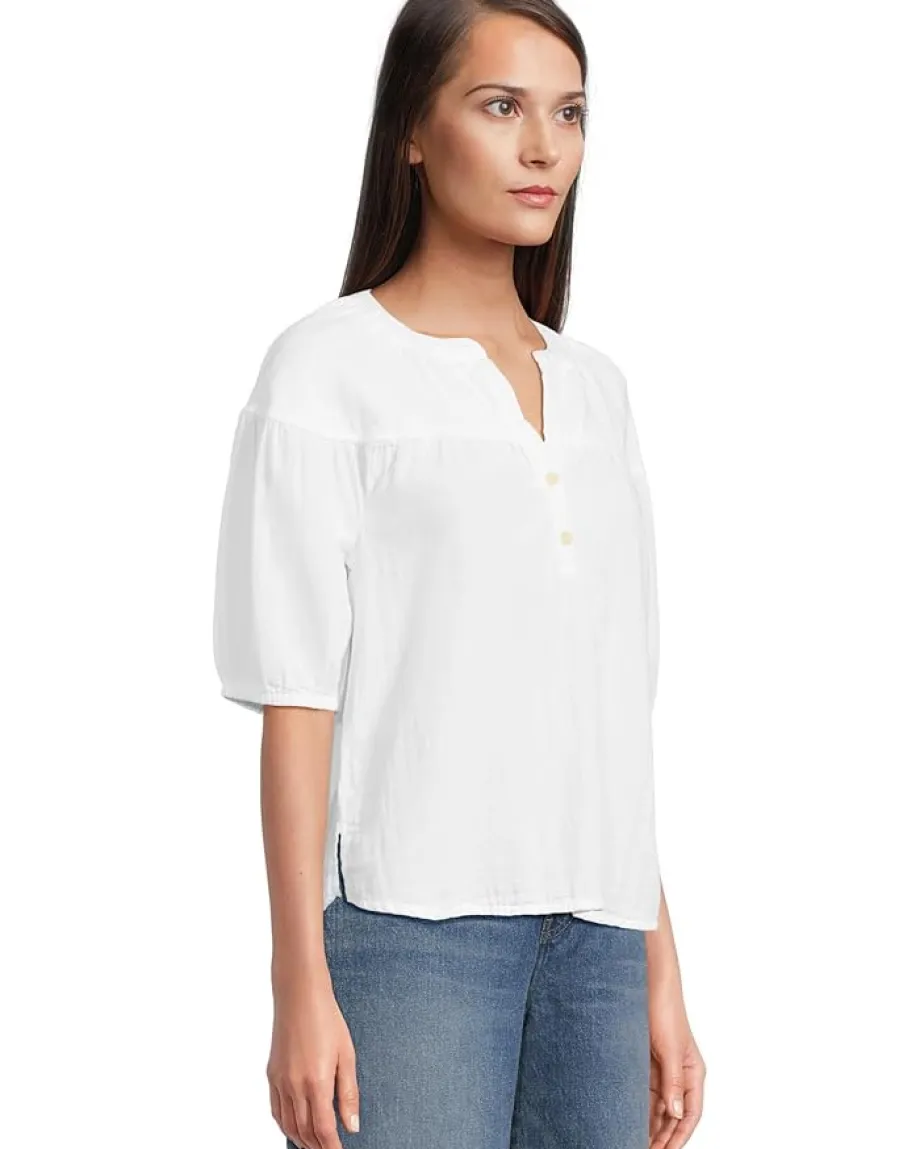 Mod-o-doc Half Sleeve Shirred Yoke Top White New