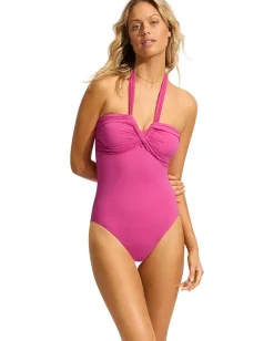 Seafolly Halter Plunge One-Piece Swimsuit Eco Collective Hot Pink Hot