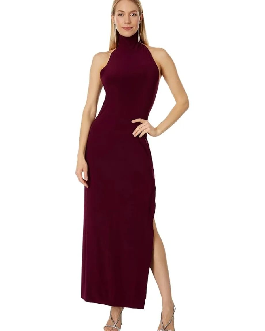 Norma Kamali Halter Turtle Side Slit Gown Plum New