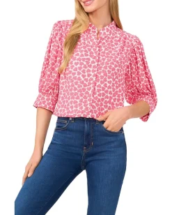 Women CeCe Heart Ruched Sleeve Hidden Placket Blouse