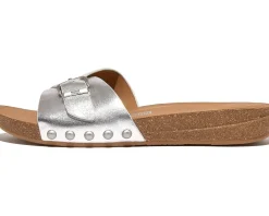 FitFlop Iqushion Adjustable Buckle Metallic-Leather Slides Silver