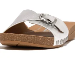 FitFlop Iqushion Adjustable Buckle Metallic-Leather Slides Silver