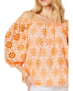 Lilly Pulitzer Kerrigan Elbow Sleeve Top Cantaloupe Funflower Eyelet Clearance