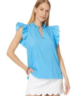 Lilly Pulitzer Klaudie Ruffle Sleeve Cotton Top Lunar Blue Best