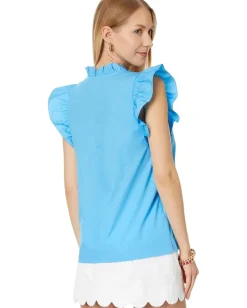 Lilly Pulitzer Klaudie Ruffle Sleeve Cotton Top Lunar Blue Best